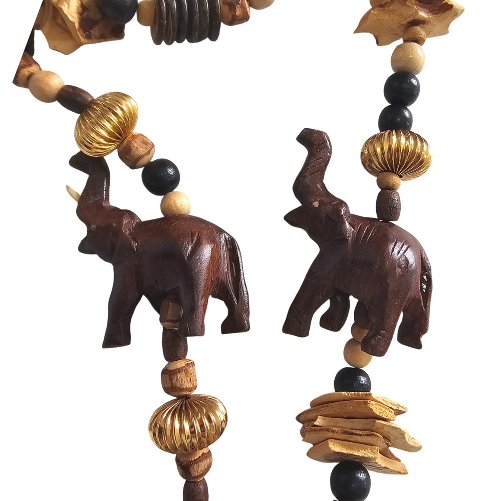 Hand Carved Wood Elephant Beaded Necklace African Style Statement Jewelry